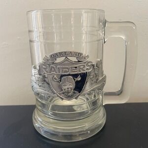 Vintage NFL Oakland CA Raiders Glass Beer Mug‎ Football Raised Metal Emblem READ